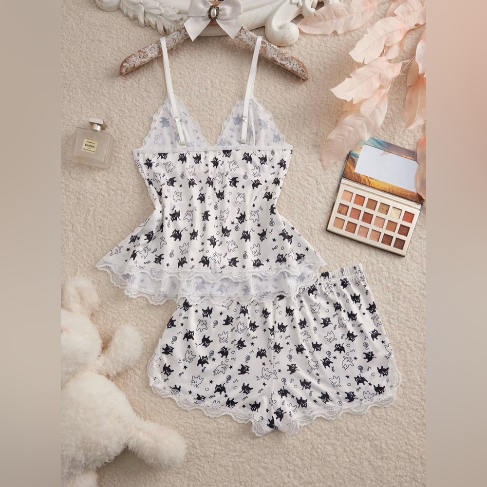 Cat Print Lace Sleepwear Set Lightweight Breathable Soft Jersey New Boutique - Picture 3 of 7